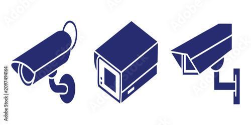 Photos CCTV security surveillance camera icons set featuring dark blue wall mounted and ceiling dome outdoor protection systems vector illustration