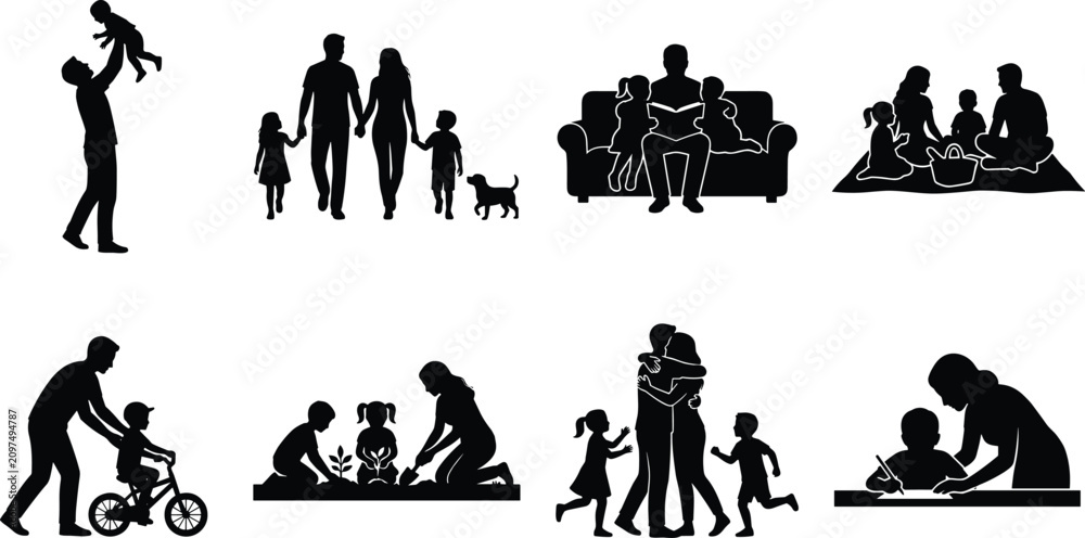 Fototapeta premium Family activity silhouettes showing play, learning, affection, and outdoor lifestyle moments together
