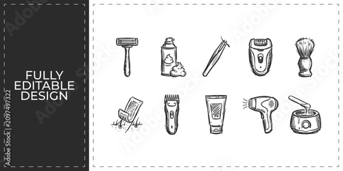 Cuadro en lienzo Personal grooming and hair styling tools doodle icons featuring razors and combs