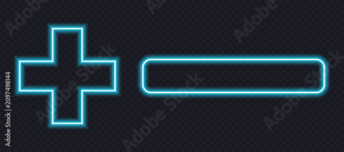 Foto Bright blue neon mathematical signs for addition and subtraction