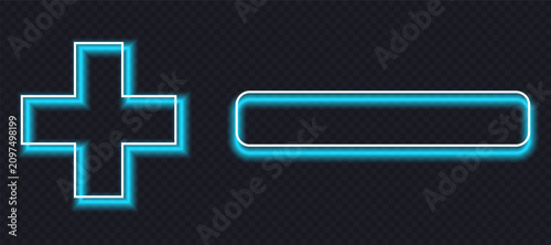 Foto Glowing cyan neon plus and minus icons with white outline on dark background