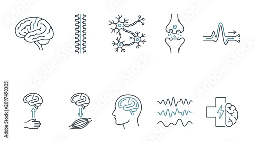 Neurology and nervous system thin line vector icons collection with brain neurons and medical signs