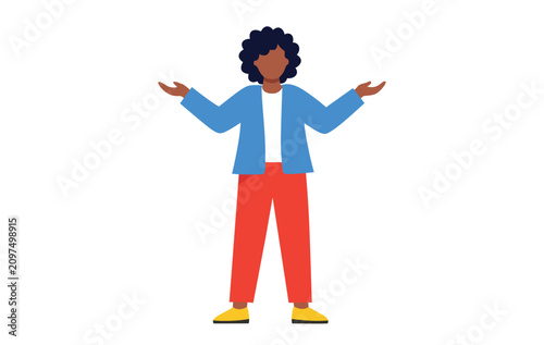 Bild auf Leinwand Black woman shrugging shoulders with open arms isolated character vector