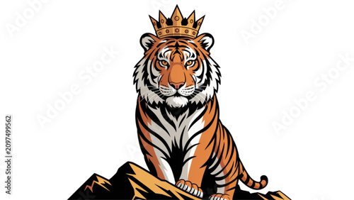 Majestic tiger sitting on a rock with golden crown and royal pose Vector