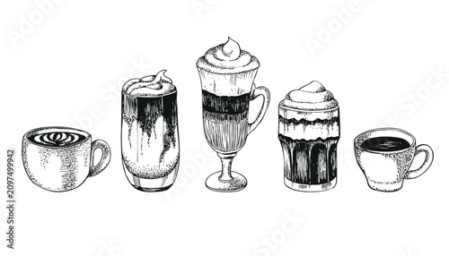 Fotografía Hand drawn coffee cups collection with latte, cappuccino, espresso, mocha and whipped cream drinks