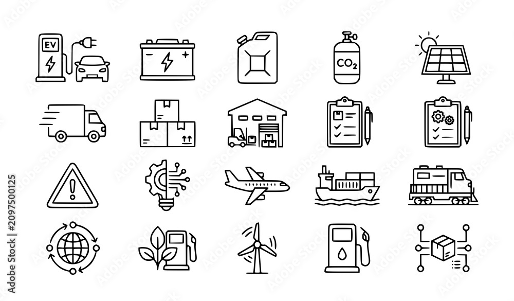 Fototapeta premium Charging station and logistics vector icon bundle with editable outline symbols
