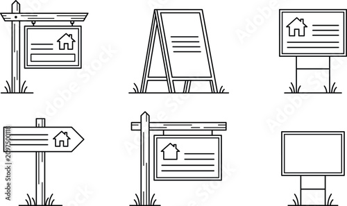 Foto Real Estate Signboard Icon Set with Wooden For Sale Boards Sandwich Board and Di