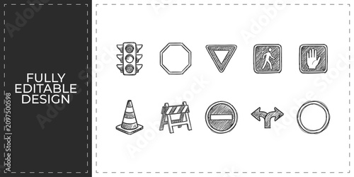Fotografie Traffic control and road safety equipment doodle icons featuring cones and barri
