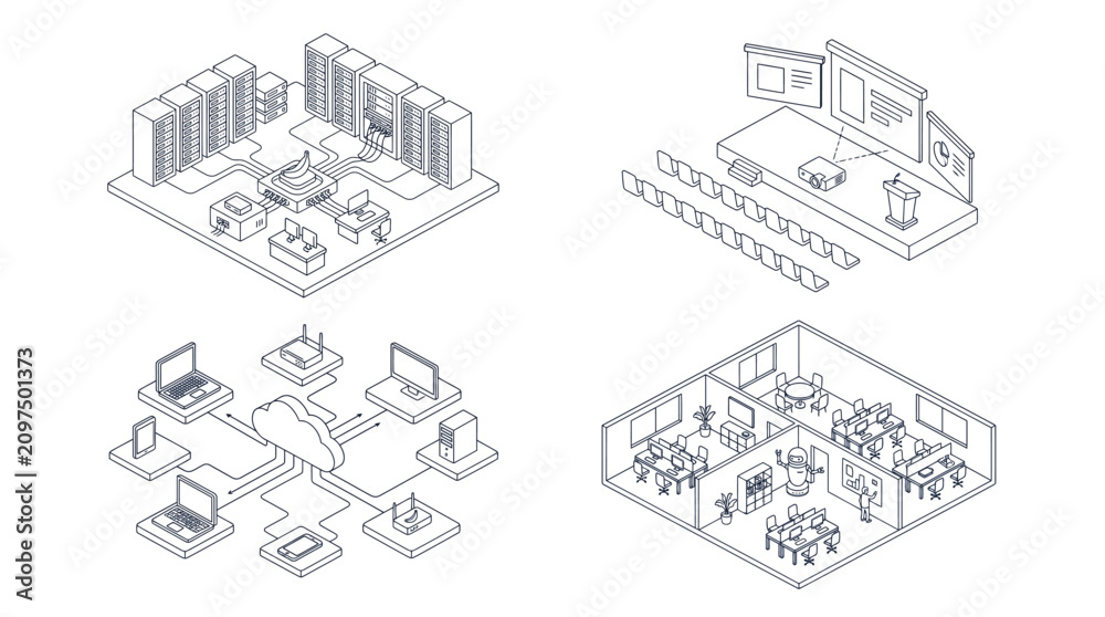 Obraz premium Isometric technology and office workspace illustration set featuring data center server racks, cloud computing network, conference room, and classroom for corporate presentation and website