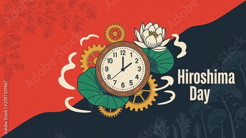 Hiroshima Day Memorial Illustration with Clock and Lotus Flower Art