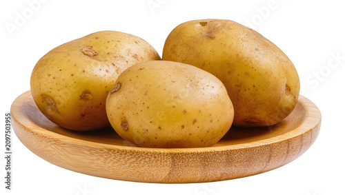 Fényképezés Isolated natural, fresh, and raw whole potatoes presented in a rustic wooden bow