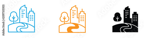 Urban Park Icons, City Green Space, Bench, Trees, Buildings, Vector Set. Cityscape icons with tree and road in black and white for urban planning and ecology concepts vector illustration.