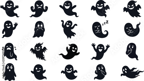 Halloween Ghost Silhouette Vector Set – 18 Cute, Spooky & Funny Black Ghost Icons for Holiday Designs