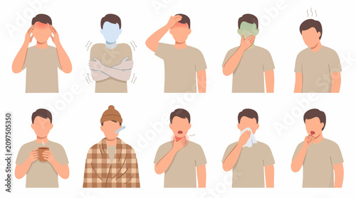 Canvastavla Illustration Set of Common Illness Symptoms: Headache, Fever, Cold, Cough