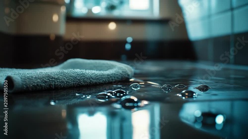 Water leaking on bathroom floor near bathtub with towel and droplets reflecting warm light home problem concept showing plumbing damage moisture and risk of flooding in modern interior environment