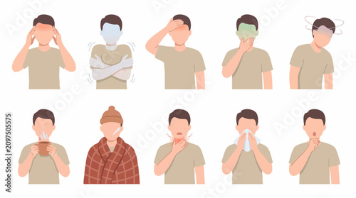 Foto Common Cold and Flu Symptoms in a Man Vector Illustration Set