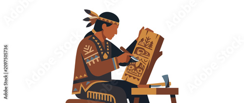 Bild auf Leinwand Native American man carving totem pole with intricate designs, traditional art,