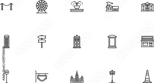 Fotografie Urban Landmarks icon set showcasing public city attractions featuring amusement ferris wheels decorative water fountains directional signposts and clock towers outline vector