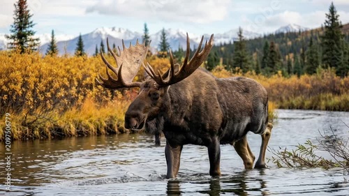 large bull moose crossing shallow river alaska wildlife video.