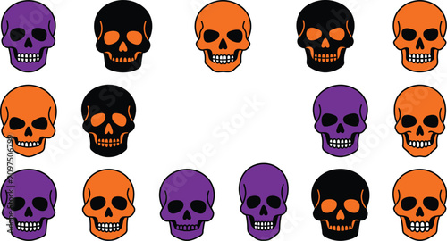 Set of halloween skull icons in purple orange and black colors halloween illustration skeleton collection mysterious isolated decorative seasonal resource