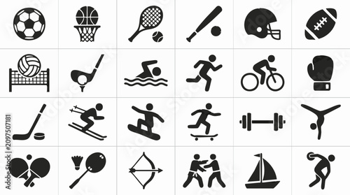 Photography Set of black and white sports and fitness icons on white background