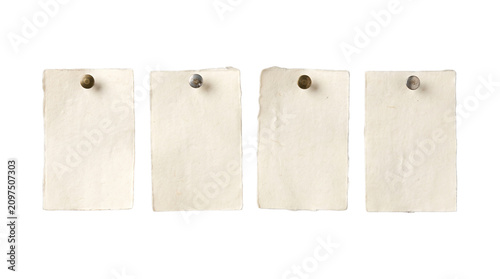 Four blank handmade paper notes with push pins, isolated transparent PNG cutout for memo board design