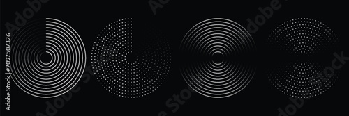 Set of speed lines in circle form. Halftone dotted speed lines. Abstract geometric circles with rotating radial lines. Design element for logo, prints, template or posters. Vector illustration