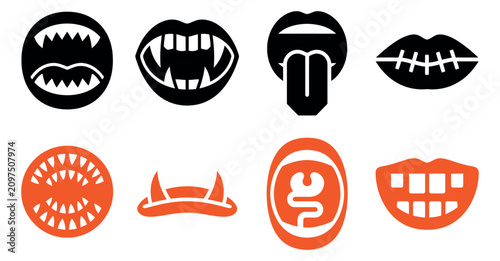 Schilderij op canvas Set of black and orange monster mouths with sharp teeth fangs tongue and stitche