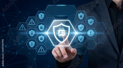Enterprise AI Security Protection Businessman Touching Shield Icon. Risk Management Cybersecurity Technology. artificial intelligence governance compliance monitoring and cybersecurity defense control