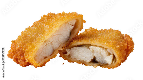 Konstfotografi Isolated deep-fried golden crispy breaded fish fillet cut open showing tender wh