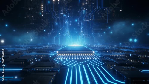 Futuristic Digital Circuit Board with Glowing Blue Lights and Data Streams.