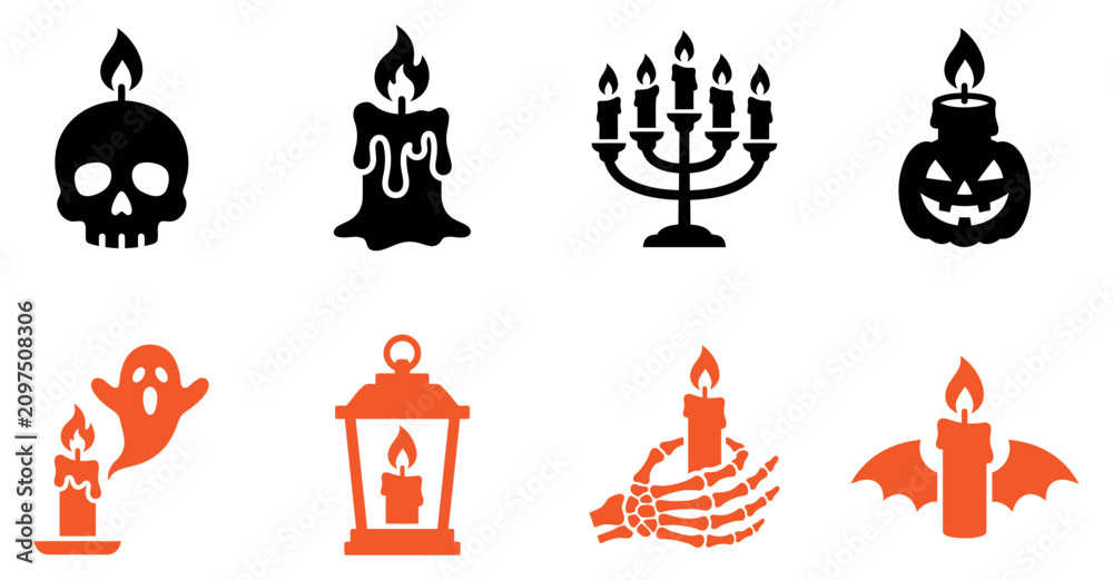 Naklejka premium Set of spooky halloween candle icons featuring skull pumpkin ghost skeleton hand and bat wing designs Vector, illustration