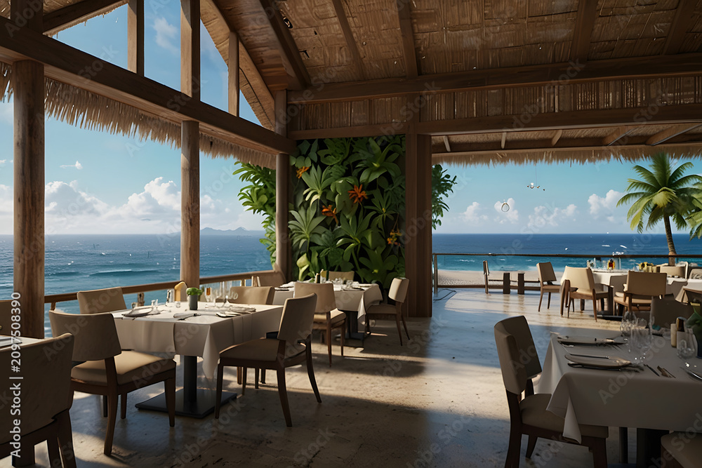Fototapeta premium Luxury beachfront restaurant with ocean views and tropical plants