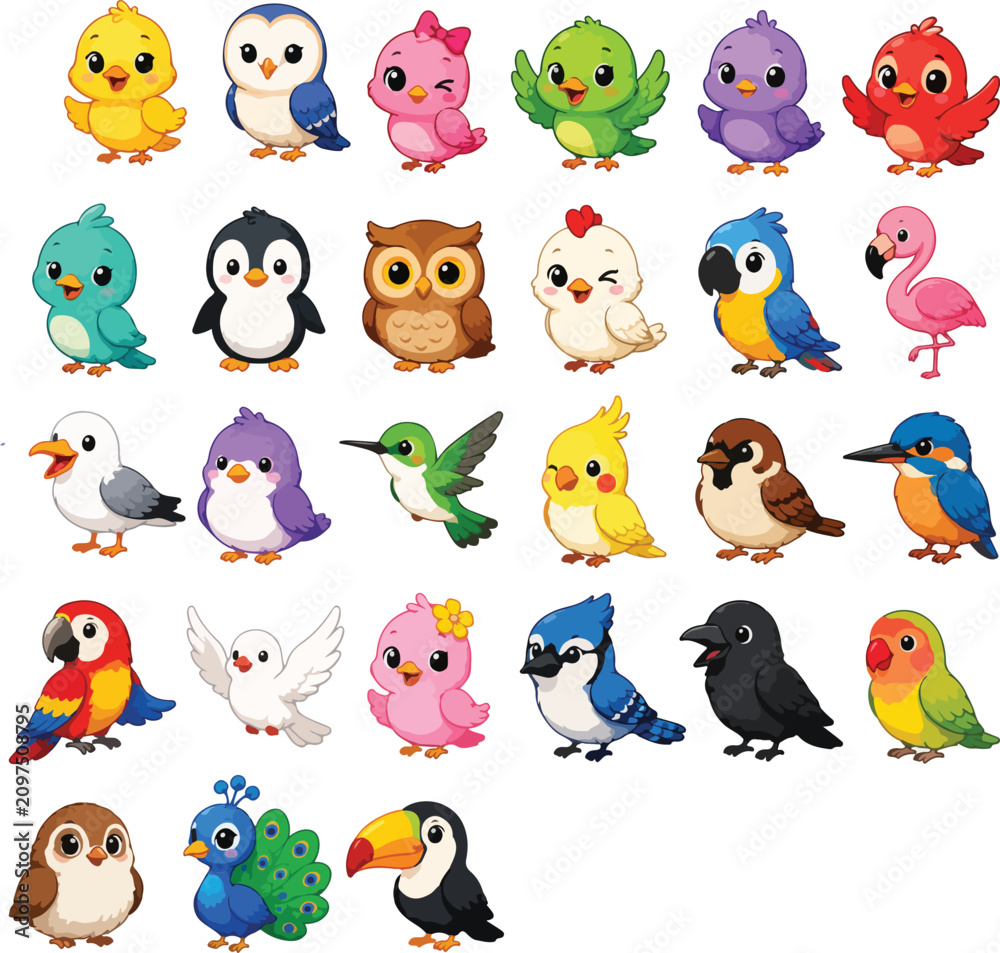 Obraz premium Cute cartoon birds collection set isolated on white background. Adorable colorful feathered characters for kids design and educational projects.