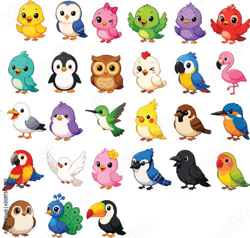 Cute cartoon birds collection set isolated on white background. Adorable colorful feathered characters for kids design and educational projects.