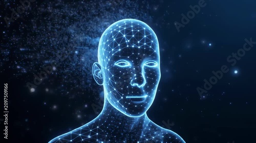 Abstract Digital Human Head with Glowing Blue Particles and Network Connections.