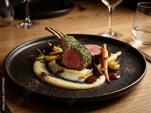 Gourmet herb crusted lamb rack served with roasted vegetables on a black plate at a restaurant. Australian Cuisine 