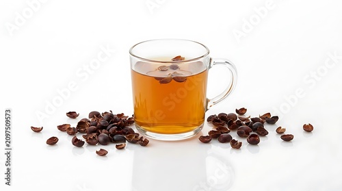 Clear glass cup filled with hot herbal rosehip tea surrounded by dried red rosehip berries. cascara tea