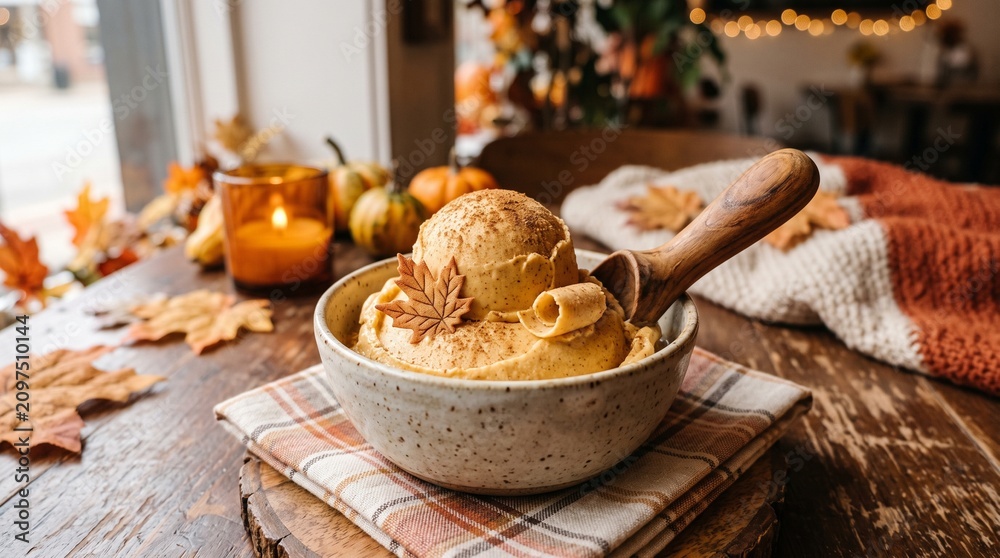 Fototapeta premium Pumpkin spice ice cream scoop in ceramic bowl with wooden spoon on cozy autumn table setting with pumpkins, warm candle, and fall leaves.