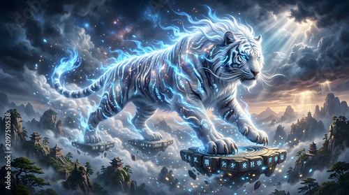 Celestial Tiger: A majestic white tiger, adorned with ethereal blue flames and glowing patterns, strides across floating platforms amidst a fantastical celestial landscape.