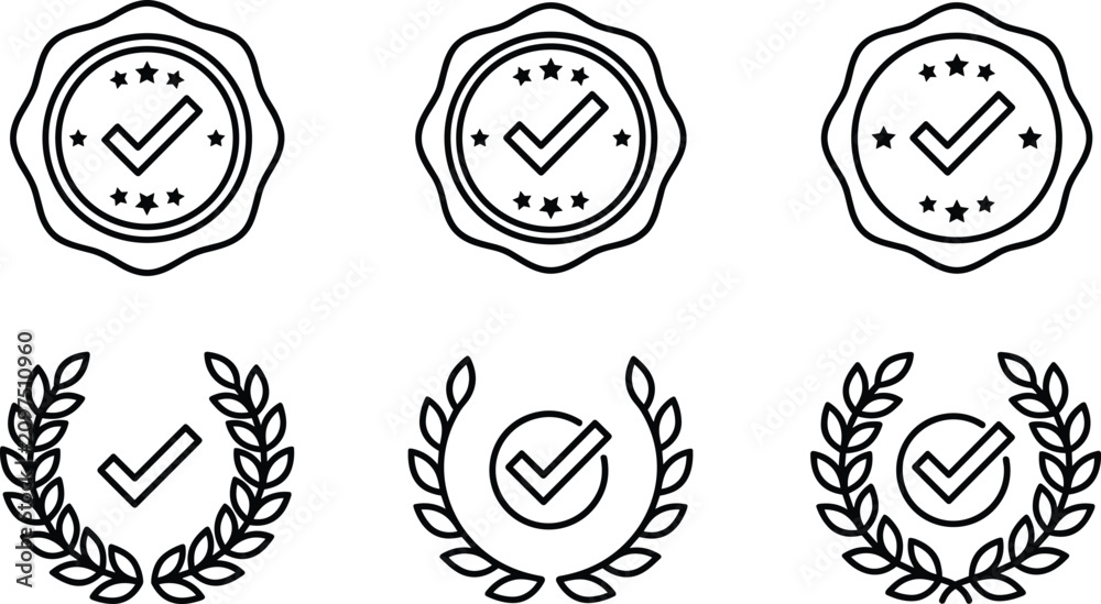 Fototapeta premium Quality Assurance Seal and Laurel Wreath Icon Set with Checkmark Symbols for Business Website Trust Badges Certificate Designs Product Guarantees and Verification Media