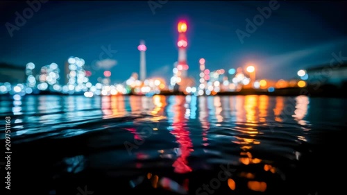 Night view of an oil refinery and petrochemical plant reflected on water, with colorful industrial lights and urban atmosphere