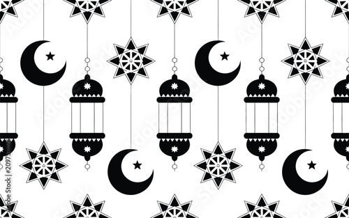 Photography Islamic ramadan seamless pattern with hanging lanterns and crescent moon stars c