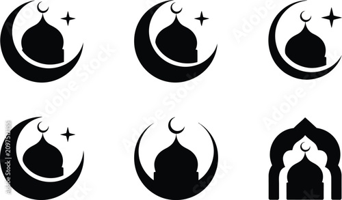 Valokuva Ramadan kareem icons with mosque moon star silhouettes silhouette religion tradi