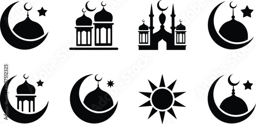 Cuadro en lienzo Collection of islamic symbols with crescent moons mosques stars crescent silhoue