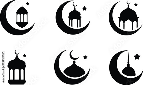 Bilde på lerret Islamic ramadan lantern and mosque dome silhouettes set with crescent silhouette
