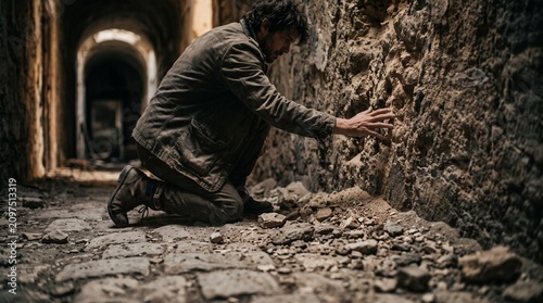 Exhausted man kneeling in dark stone corridor touching wall, representing depression, mental health struggle, chronic fatigue, despair, and coping with illness or chronic pain.