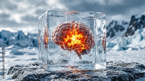Burning human brain trapped inside a melting ice cube in a frozen arctic landscape, representing brain freeze, migraine pain, cognitive burnout, and fever.
