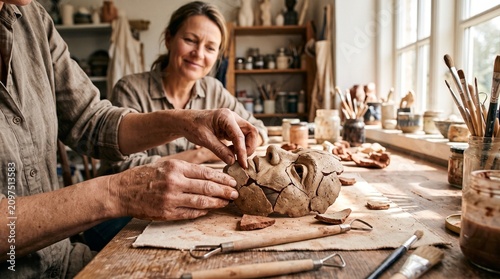 Hands of a senior patient repairing a broken clay mask during an art therapy session, with a supportive healthcare professional smiling in a bright studio background.