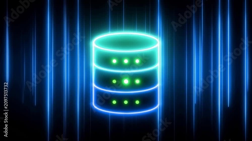 Glowing Database Server Rack Icon on Blue Neon Light Background, Data Storage, Cloud Infrastructure, Information Management, Technology Concept, Video